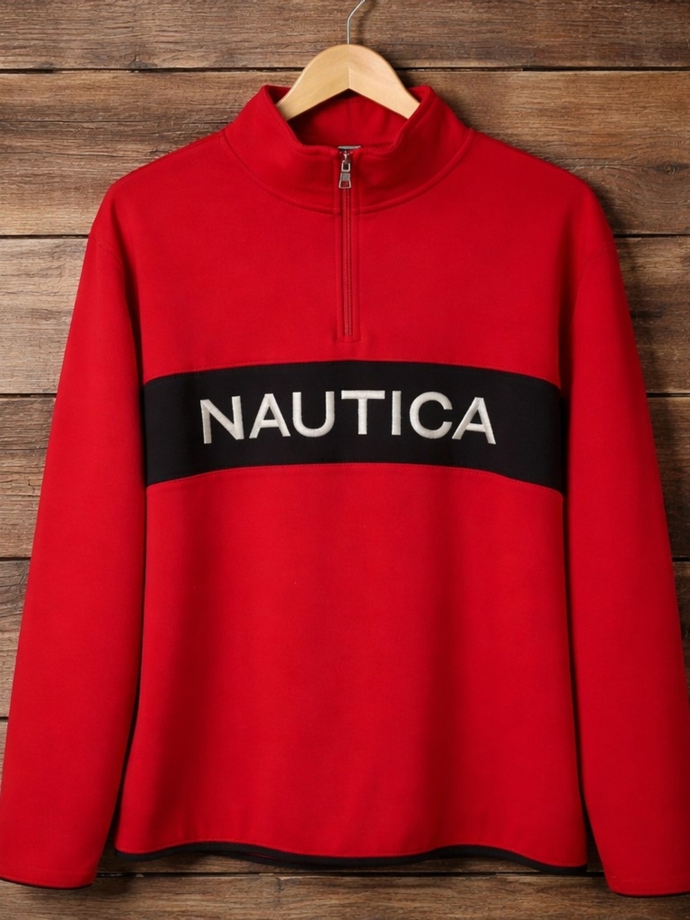 Nautica Men’s Red Zip-Up Fleece Pullover with Black Chest Band XL